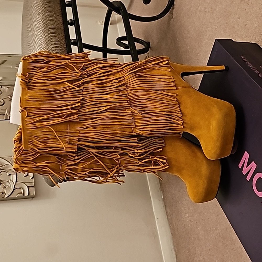 MOJO MOXY MUSTARD KNEE HIGH FRINGE PLATFORM BOOTS - Picture 2 of 5